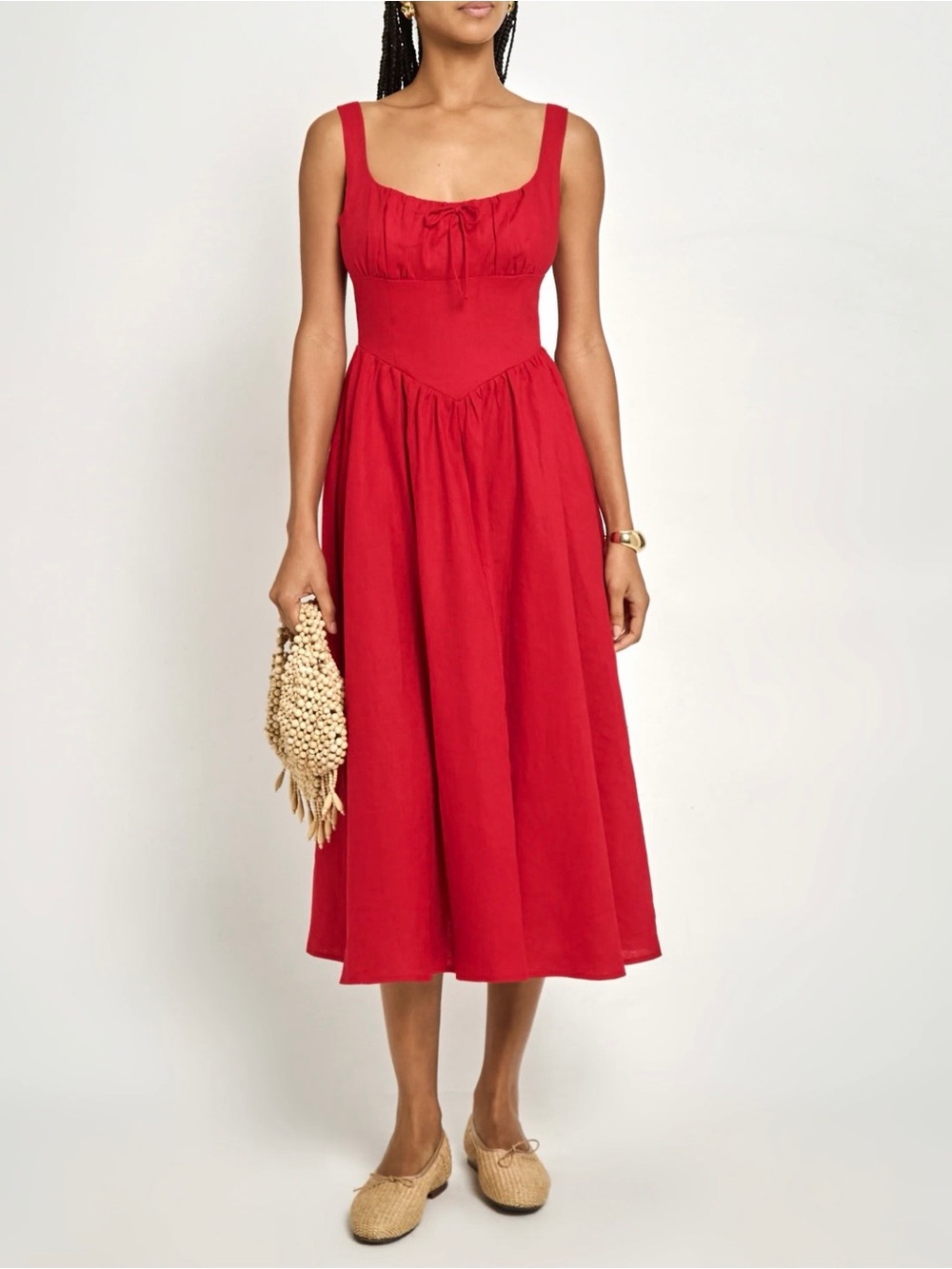 NWT o.p.t Chiara Linen Dress Red 10 Midi Bow 100% Linen Milkmaid Smocked Aline